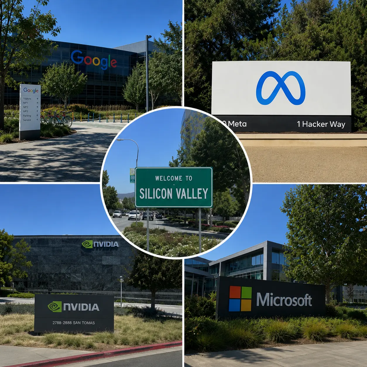 Present-day Silicon Valley — Google, Meta, Nvidia and Microsoft campus signs around a Welcome to Silicon Valley marker
